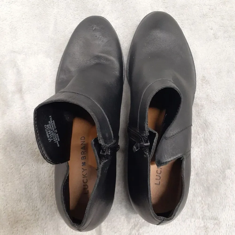 Lucky Brand Boots Womens 7.5 M Brintly2 Ankle Booties Black Leather Heels Zip
